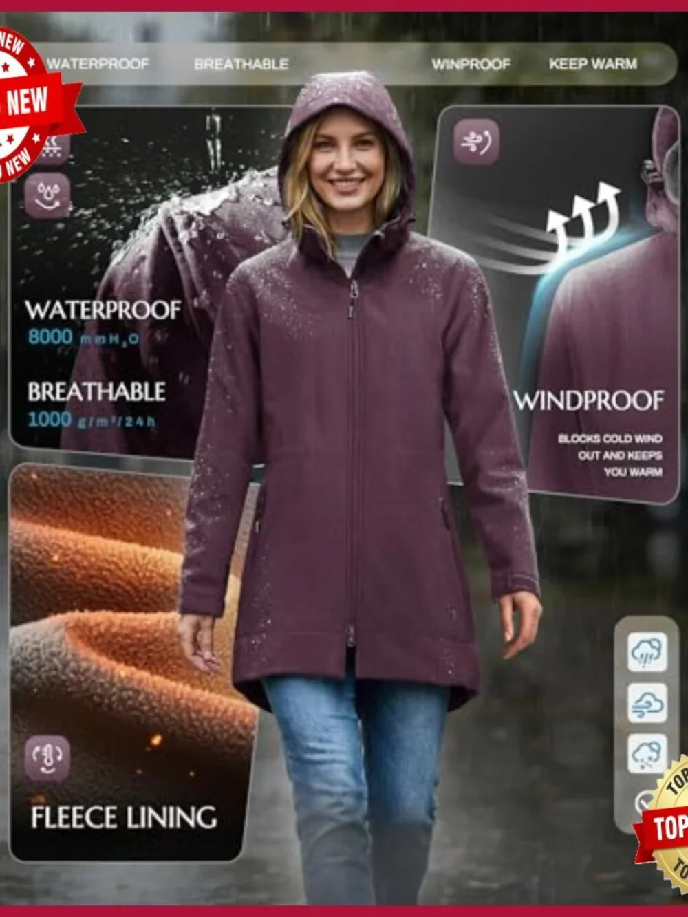 Women's Fleece Lined Softshell Jacket with Removable Hood Windproof Raincoat